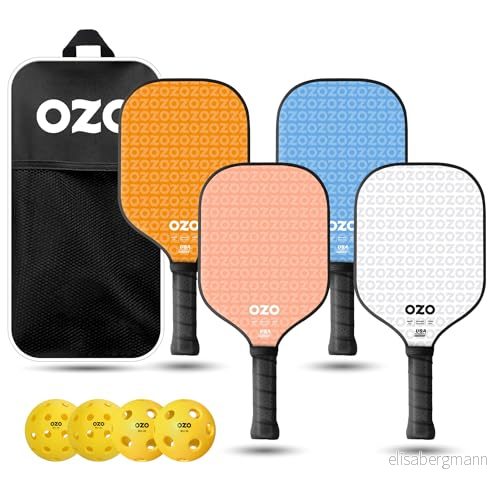 OZO Pickleball Set med 4 paddlar + bollar Spark Energia Ritmo Orange, Rosa, Blå, Vit (Nybörjarkraft) injektionsbollar (2 x Inomhus 2 Utomhus) Bärväska 8716060009670