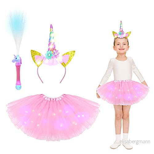 ACWOO Unicorn Costume, LED Light Up Dress Princess Fancy med Pannband och fiberoptisk trollstav, Girl Fairy Tutu kjol för fest Cosplay (2 10 år) 6973009412713