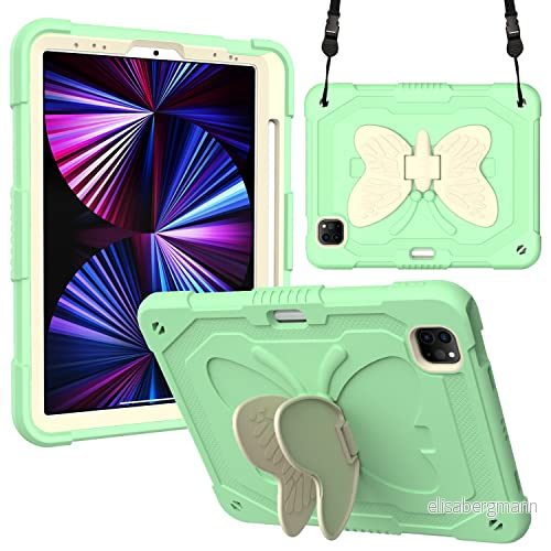 Kompatibel med iPad Mini 6 (2021), 3D Heavy Duty, Hard Rugged skyddsfodral, tecknad serie söta fjärilsvingar, stativ, stötsäkert silikonfodral stativ för barn (risgrön) 755985989177