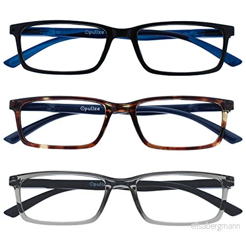 OPULIZE SEE Blåljusläsglasögon för män och kvinnor, anti reflekterande glas, UV skydd, rektangulära läsglasögon, 3 pack svart/brun/grå, +3,00 Grossissement 5055955381792