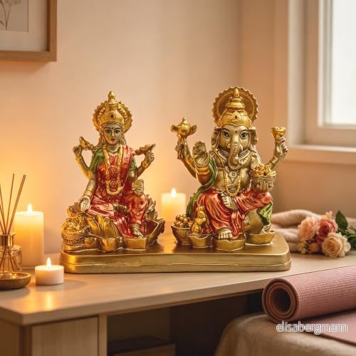 alikiki Hindu Lord Ganesha Lakshmi staty Indisk Gud Laxmi Ganesh Murti objekt hem tempel Puja Pooja Idol Diwali gåva Indien bordsskiva Ganpati skulpturer 745499068789
