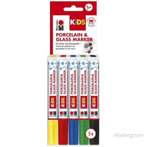 Marabu 012500000083 Porslin & Glas Painter Kids, set Maxi Fun med 5 färger, porslins och glasmålningspenna för barn, enkel målning, diskmaskinssäker efter inbränning, spets 13 mm 4007751602077