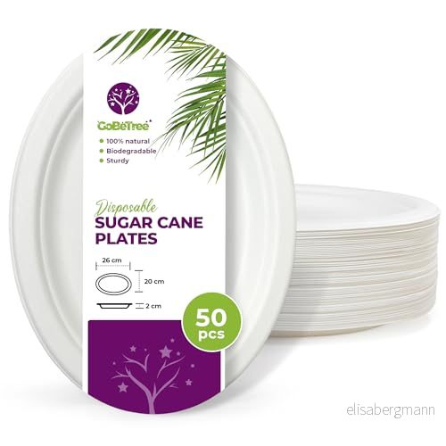 50 Ovala Engångsfat av Sockerrör 26 x 20 cm Extra Stark Biologiskt Nedbrytbar Vit Engångsservis för Fest och Frukost 5065010720114