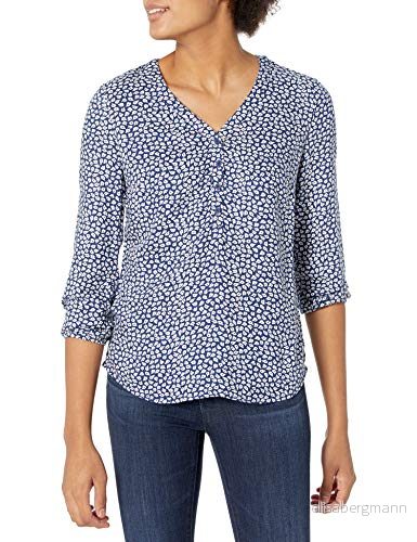 Amazon Essentials Women's Popover skjorta med knapp och trekvartsärmar, Mörkblå Vit Kronblad, M 194223974856