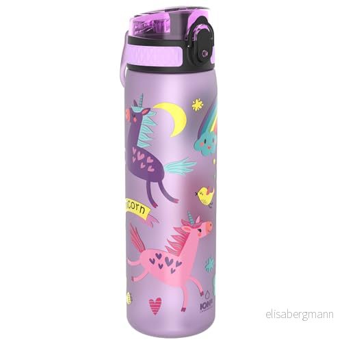 ION8 Vattenflaska, 500 ml/18 oz, Läcksäker, Lätt att Öppna, Säkert Lås, Diskmaskinssäker, BPA fri, Hygieniskt Lock, Bärhandtag, Passar i Mugghållare, Rengöra, Luktfri, Tryckt, Enhörningar 619098081305