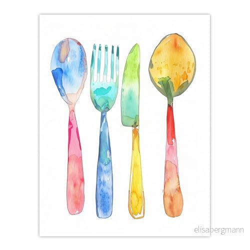 Artery8 Colourful Cutlery Fork Knife Spoon Watercolour Kitchen Large Wall Art Poster Print Thick Paper 18X24 Inch 5063315919059