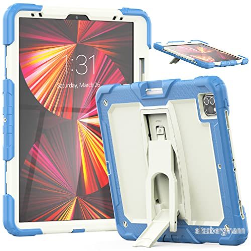 Fodral kompatibelt med iPad Pro 5/4/3 Generation 12,9 tum 2021/2020/2018 pennhållare, slitstarkt robust stötsäkert skyddsfodral osynligt stativ, beige + cyanblått 7657136168017