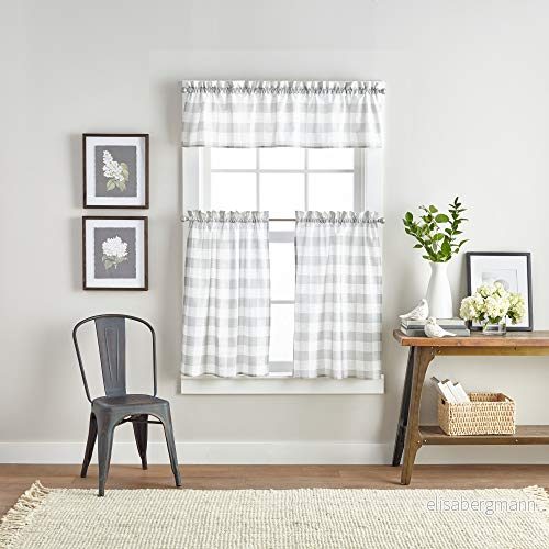 Gardworks Country Modern Rustik Bondgård Buffalo Check Kök Gardiner Fönster Cafe, 91 cm (36 tum) Nivå & Valance Set 3 st, Grå 646998697831