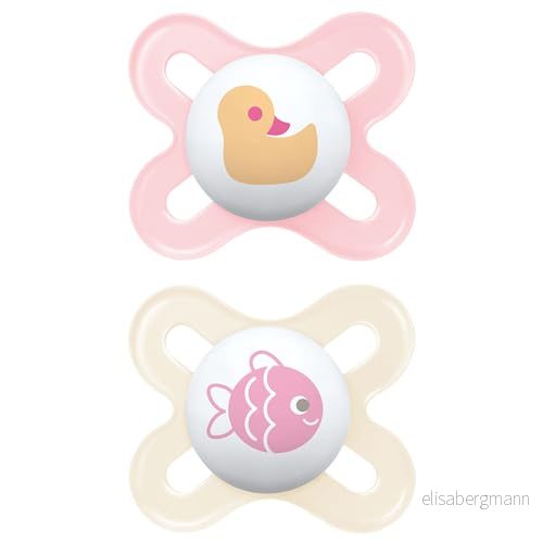 MAM Dummy av naturgummi, för nyfödda, 0 2 månader, med symmetrisk napp, platt och flexibel, självsteriliserande låda, original, rosa, stycken 9001616700040