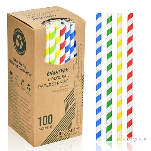 216 x 10 mm breda papperssugrör, färgglada ränder, 100 stycken för smoothie och milkshake 4 lagers slitstarkt papper, hållbart i minst en timme 9331807340343