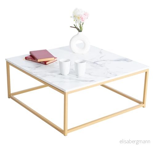 MEUBLE COSY soffbord med marmorutseende, vardagsrumsbord, fyrkantigt stålram, sidobord, vitt + guldfärger, 80 x 34 cm, metall 6974385624066