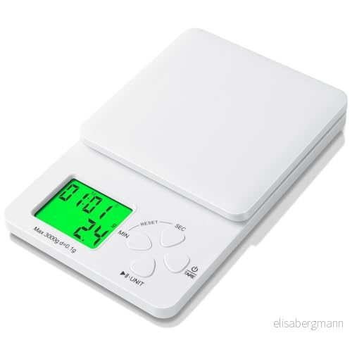 AiQInu Digital köksvåg med timer, 3 kg/0,1 g kaffeprecisionsvåg, LED display, multifunktionell magnetisk matvåg för kök 6975966335456