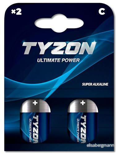 TYZON C Super alkaliska batterier, 1,5 volt, 2 stycken perfekt för enheter med låg strömförbrukning 5708614547809