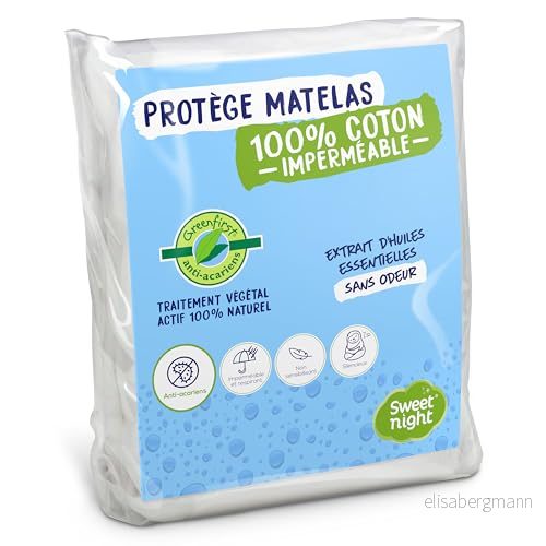 Sweet night madrasskydd, Greenfirst®, växtbehandling, 140 x 190/200 cm: 100 % naturligt och anti kvalsteraktivt, vattentät bäddmadrass, fleece av bomull, absorberande tyst. 3377720104705