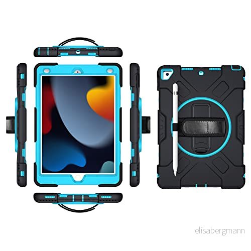 iPad 10.2 2019/2020/2021 generationen fodral med skärmskydd pennhållare kickstand 360 vridbar handledsrem stativ robust skyddsfodral (färg: mint) 755985083851