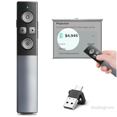 All Metal Shell Digital Presentation Fjärrkontroll med markeringsförstoringsglas Air Mouse Timer, USB/Typ C 2 i 1 Uppladdningsbar Trådlös presentatör Powerpoint Clicker för LED LCD TV skärm 768476049588