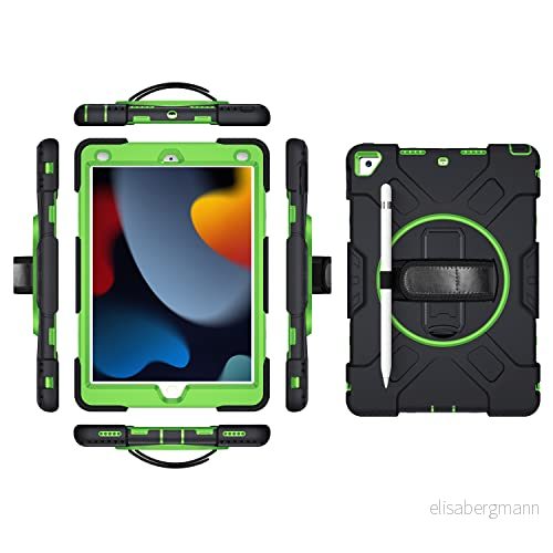 iPad mini6 2021 generationen fodral med skärmskydd pennhållare Kickstand 360 roterande handledsrem stativ robust skyddsfodral (grön) 755985084810