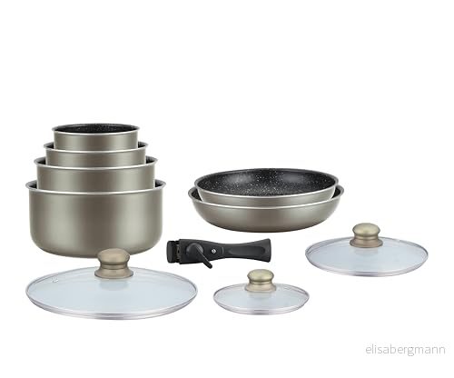 HAGEN, Stenbelagt kokkärl, Avtagbart handtag, 10 delar, Kol, Non stick beläggning, Alla brännare, induktion ingår, HA04616 5404035004616