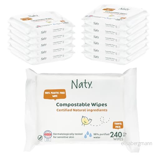 Naty komposterbara våtservetter för baby Oparfymerade, 100% växtbaserade, plastfria, hypoallergena, känslig hud, dermatologiskt testade (240 servetter 12 paket med 20) 7330933252065