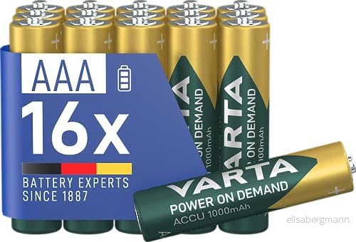 VARTA Batterier AAA, uppladdningsbar, paket med 16, Recharge Accu Power on Demand, laddningsbart batteri, 1000 mAh Ni MH, ingen minneseffekt, förladdade, redo att använda 4008496056569