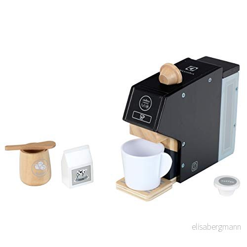 Theo Klein 7401 Electrolux kaffemaskin, trä Inkl. kopp, kapslar, mjölk och socker Tillbehör för barn leksakskök Mått: 19 cm x 5,5 14 Leksak från 3 år 4009847074010