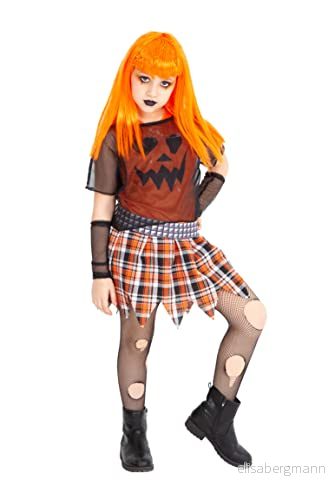 Rubies Punky Pumpkin kostym för tjejer, t shirt, cover vantar, bälte, kjol och strumpor, original Halloween, karneval födelsedag 8422971868373