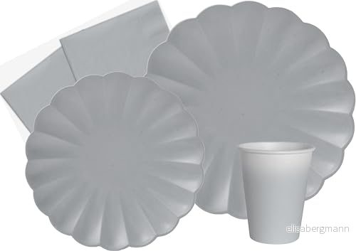 Party Tableware Set Flower Shape for 8 people (44 pcs: plates Ø23cm, Ø18cm, cups 200ml, 20 napkins 33x33cm) in eco friendly compostable paper, smoky grey 8026196982847