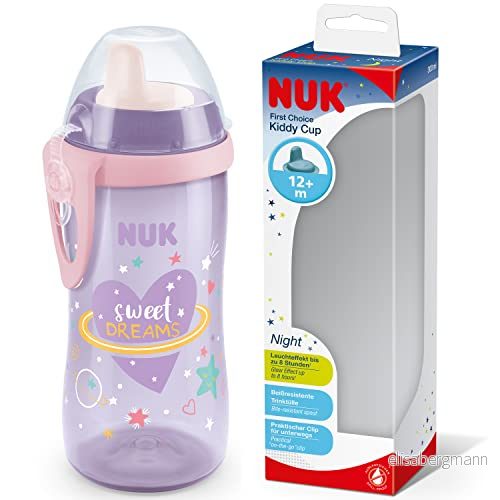 NUK Kiddy Cup småbarnsmugg Från 12 månader 300 ml Läckagesäker, tålig pip Självlysande Hållare och skyddande lock BPA fri Lila 4008600421092