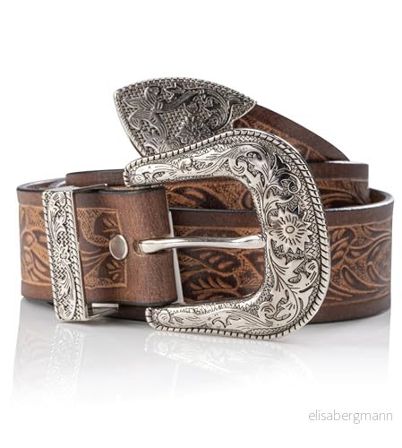 Angus Stoke Westernbälte av buffelläder kvinnor och män vintage cowboy western & rodeo bälte original handsnidat läderbälte Jessy, BRUN, Bundweite 90 (46 48) 4250393349248