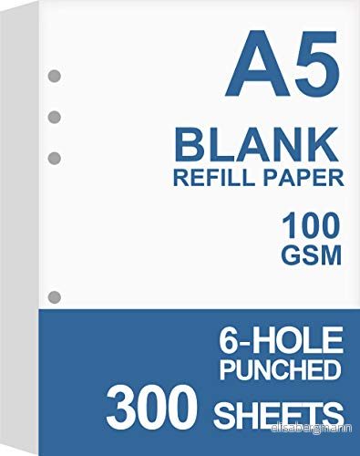 (3 pack) A5 tomt papper, påfyllningar för Filofax planerare, organisatör, pärmar, 6 hålstansade, totalt 300 ark/600 sidor, 100 gsm, vit, 148 x 210 mm 738634033254