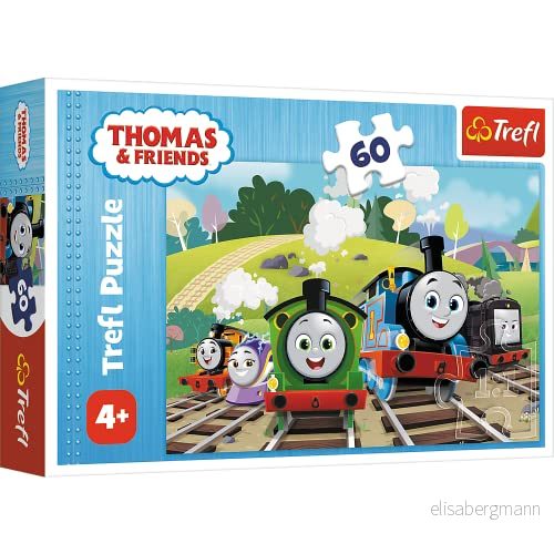 Trefl Thomas & Friends, Tom på Resa Pussel i 60 Bitar Färgglada med Friends Sagofigurer, Tåg, Kreativ Underhållning, Kul för Barn från 4 år och uppåt 5900511173796