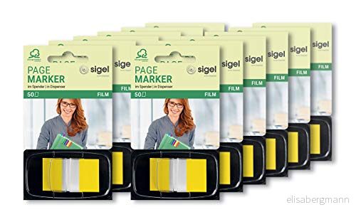 SIGEL HN490/12 självhäftande markörer i dispenser, gul, 12 stycken à 50 remsor formatet 25 x 43 mm 4004360891182