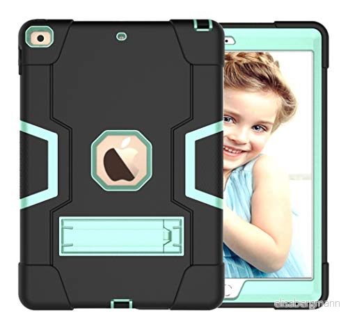iPad 12,9 (2018/2020/2021) generationen fodral med stativ, hållbar tung chockdoshybrid hård hybrid tre lager skyddande skydd surfplatta silikonfodral (svart + aqua 755985092310