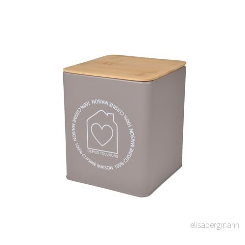 Homéa, Tryckt metalllåda med bambulock 13 x H 16 cm grafisk brungrå 3574380610601