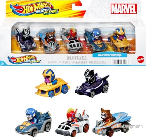 Hot Wheels RacerVerse, set med 5 Marvel metallbilar, optimerade för kretsar, drivna av berömda karaktärer, present barn och samlare, HPN40 194735164509