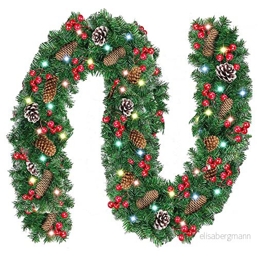 Julgirlang, 8,8 m förupplyst jul med ljus, blommor och bollar, julgirlang för heminredning, utomhus, inomhus, öppen spis, trappa, röd 744603957018