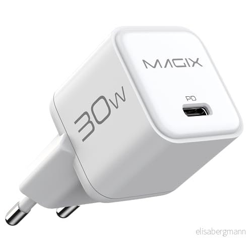 Magix USB C laddare 30 W Nano, GaN PD Power Delivery för iPhone 14/14 Pro/14 Pro Max/13 Pro/13 Max, Galaxy, iPad (EUR kontakt) (vit) 5060675851432