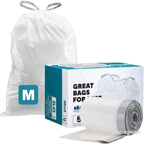 Plasticplace Custom Fit Trash Bags, Compatible with simplehuman Code M (50 Count) White Drawstring Garbage Liners 12 Gallon / 45 Liters, 21" x 30.5" 818331022895