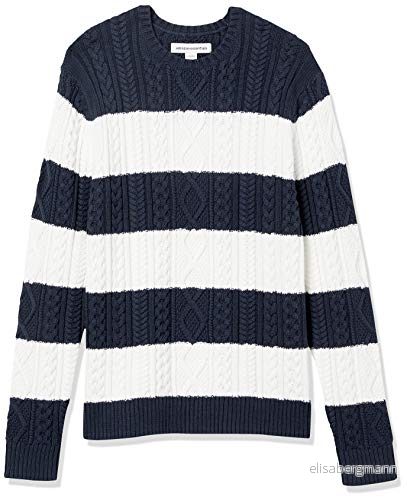 Amazon Essentials Herr långärmad 100% bomull fiskare kabel rund hals tröja, marinblå vit rugbyremsa, X Large 195111094182