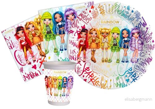 Party Tableware Set Rainbow High for 24 people (88 pcs: plates Ø18cm, cups 200ml, 40 napkins 33x33cm) in eco friendly compostable paper 8026196982670
