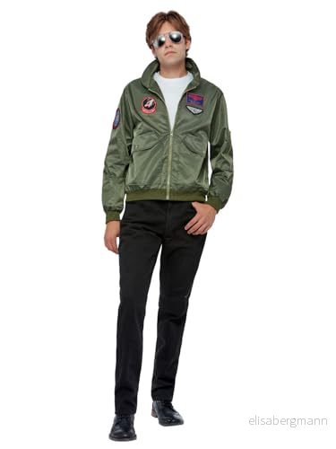 Smiffys Top Gun Maverick Bomberjacka, Vuxna Grön Jacka med Applikationsmärken, Officiell Licensdräkt, Konstläder, Topppistol Halloween Fin Klänning 5059513075802