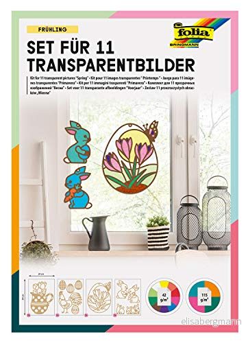 folia 23821 transparenta bilder, på våren design, set för 11 pyssel av färgglada fönsterbilder och hängen träd buskar 4001868120172