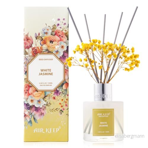Airkeep doftspridare vit jasmine luftfräschare hem med 8 stavar för badrum, lägenhet, heminredning, 100 ml 765150280541
