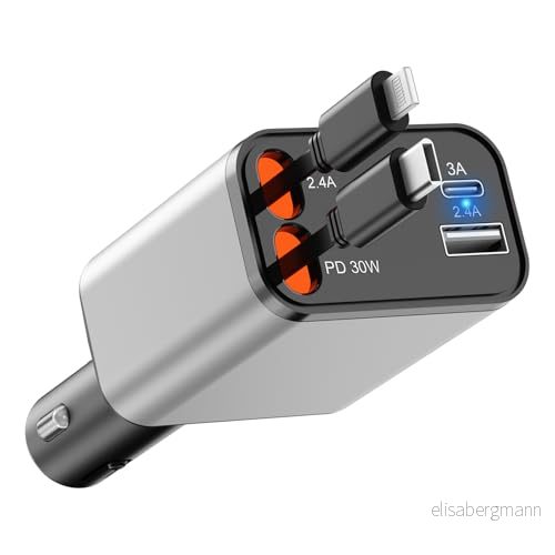 4 i 1 indragbar billaddare, snabb biltelefonladdare mobilladdare 80 W kabel och 2 USB portar adapter kompatibel med iPhone 15 14 13 12 11 Pro Max, Galaxy S23, pixel 762730109926