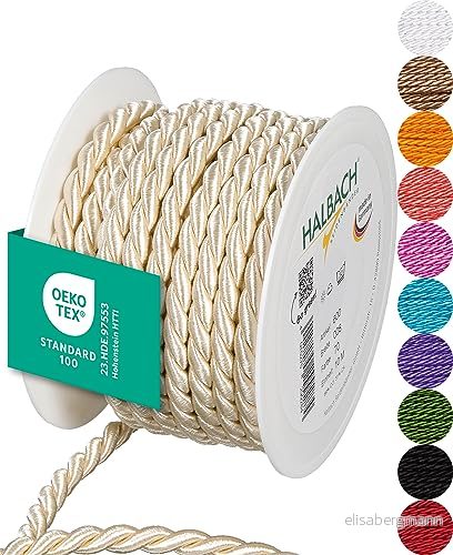 Halbach sidenband premiumsnöre (kräm) bredd 8 mm längd 10 m Tillverkad i Tyskland & Öko Tex certifierad glänsande satinsnöre av acetat 4015275299284