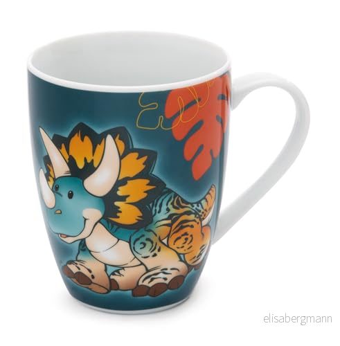 Porslinsmugg Dino Cerastupsy 310 ml 8x10 cm blå med banderoll Te och kaffekopp handtag, NICI mugg för kalla varma drycker Fantastisk presentidé 4012390494716