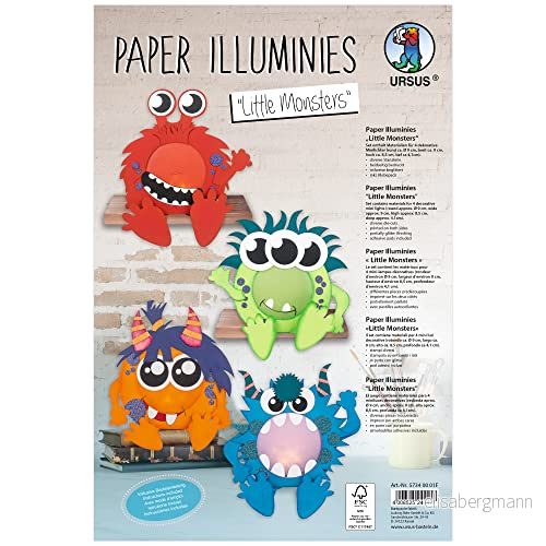 Ursus 57340001F Papper Illuminies Little Monsters, kreativt set för barn att pyssla 4 monstery minilampor, inklusive förstansade delar och instruktioner, färgglada 4008525244417