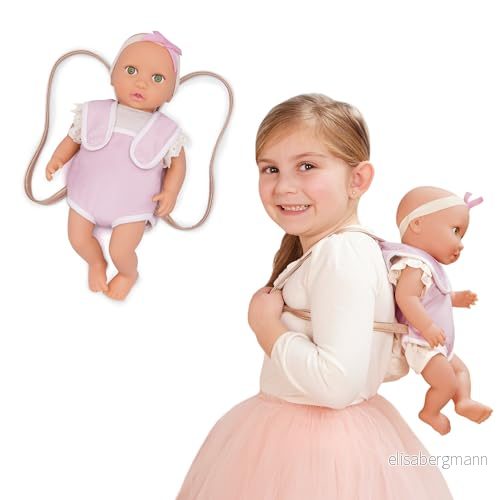 LullaBaby LBY7647Z babydocka med bärsele porslin hudton och gröna ögon 36 cm babydocka, mjuk kropp dockkläder leksak för barn från 2 år rosa, multi 62243491441