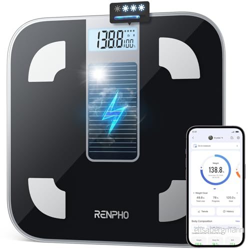 RENPHO personvåg, solkroppsfettvåg, batterifri våg med Bluetooth och kroppsfettanalys, visning av kroppsfett muskelmassa via app, max 180 kg, Elis 4897122201660