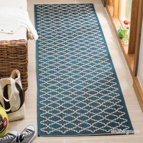 SAFAVIEH Geometrisk matta för vardagsrum, matsal, sovrum vattentät Courtyard Collection, korthårig, marinblå och beige, 69 x 244 cm 683726693598